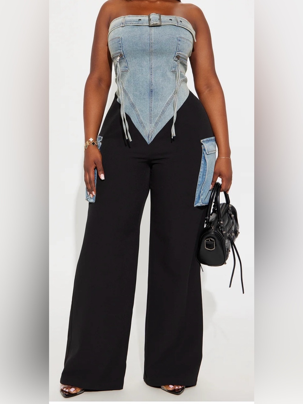 Black Wide-Leg Pants with Denim Pocket Detail